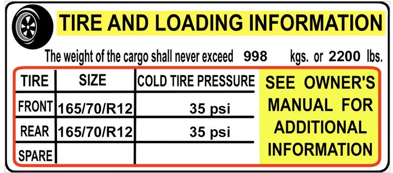 LSV TIRE AND LOADING PLACARD LABEL